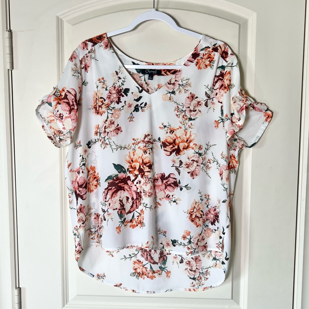 Charmed‎ by Eve Women’s Large Floral slightly Sheer, Lightweight Blouse